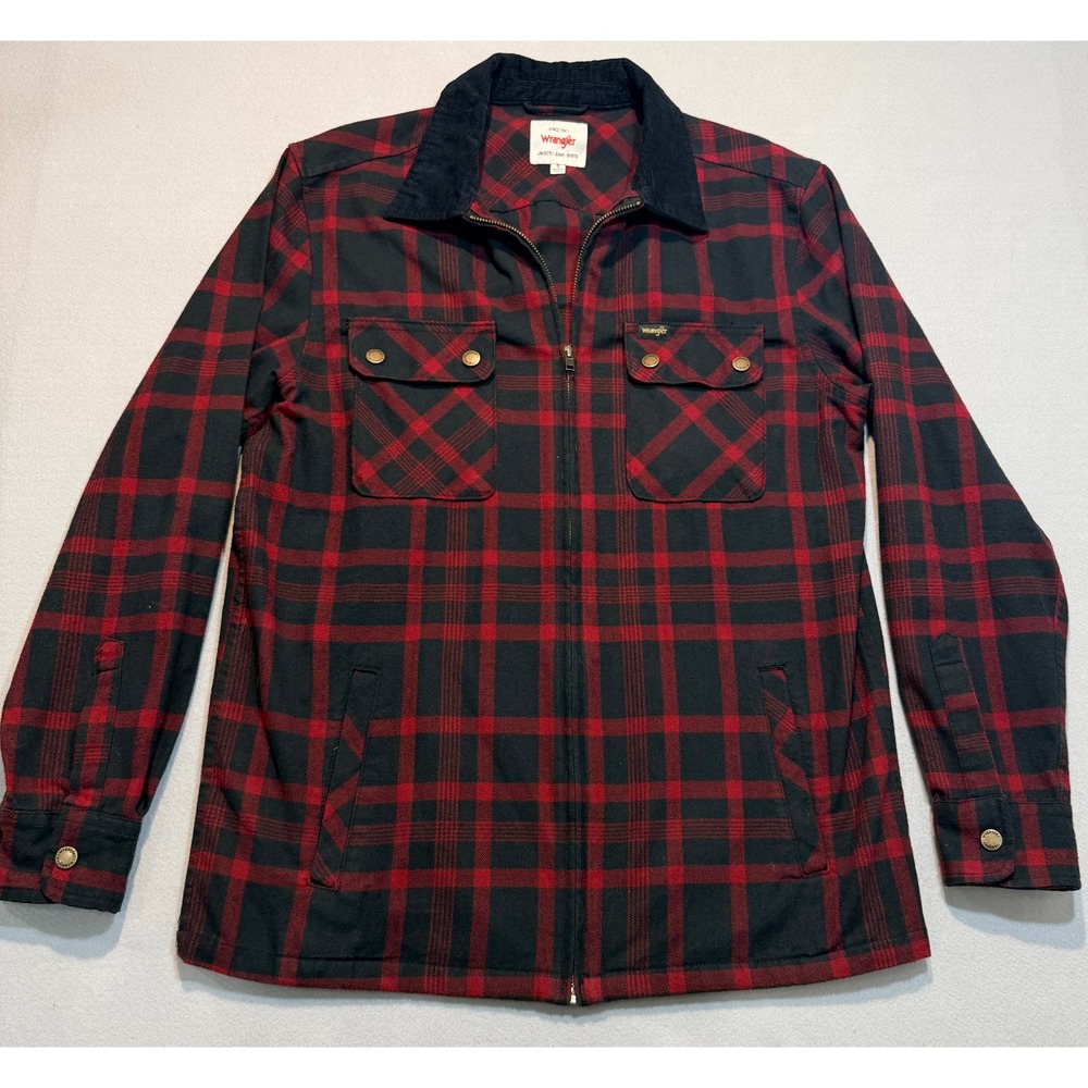 Wrangler Mens Shirt Jacket Red Black Plaid Full Zip Corduroy Collar Small‎